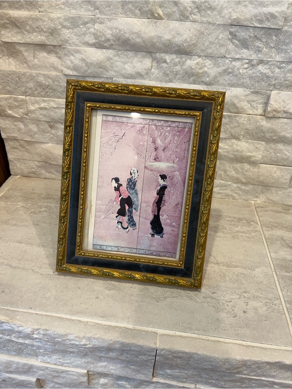 Ornate Gold and Black Picture Frame with Pink Art